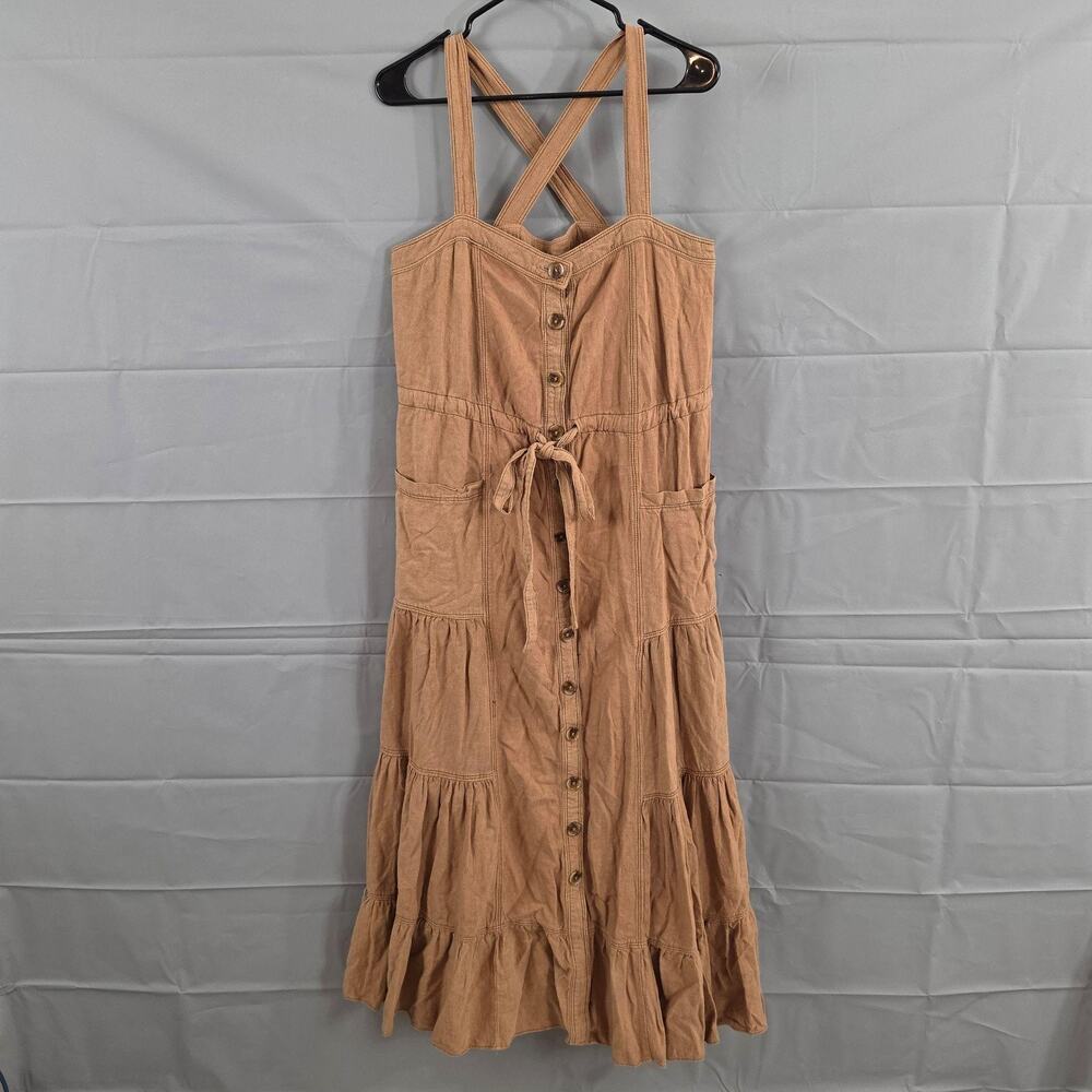 Free People Dress Medium Catch the Breeze Tan Linen Midi Brown Boho Casual - Picture 3 of 12